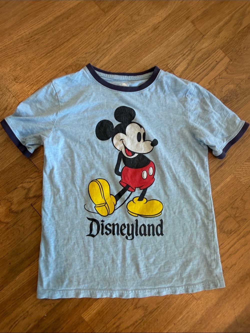 Disney Light Blue Tee with Vintage Mickey Graphic and Navy Trim kids size large